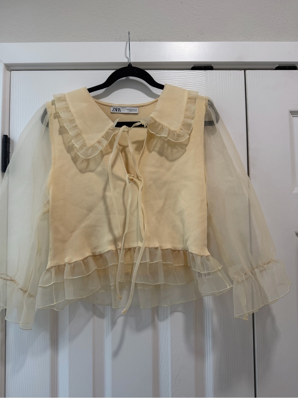 ZARA Yellow Ruffle Tie-Front Sheer Sleeve Top Medium